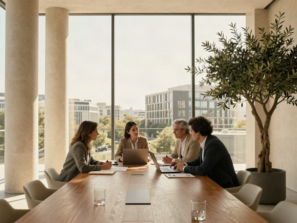 Consultants discussing business strategy around a sunlit boardroom table